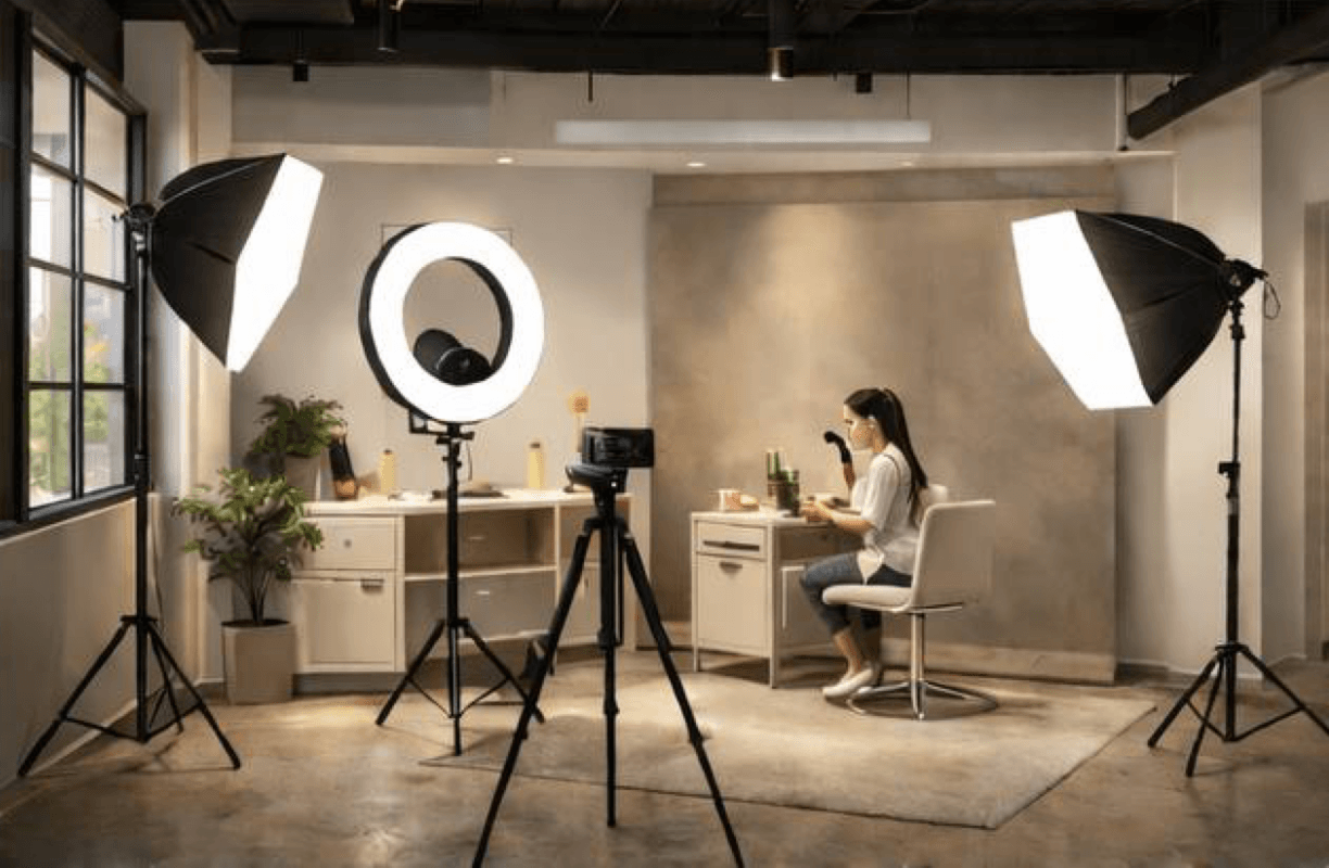 Content creation studio with ring light, softbox lights, tripod camera, and seated creator at a vanity