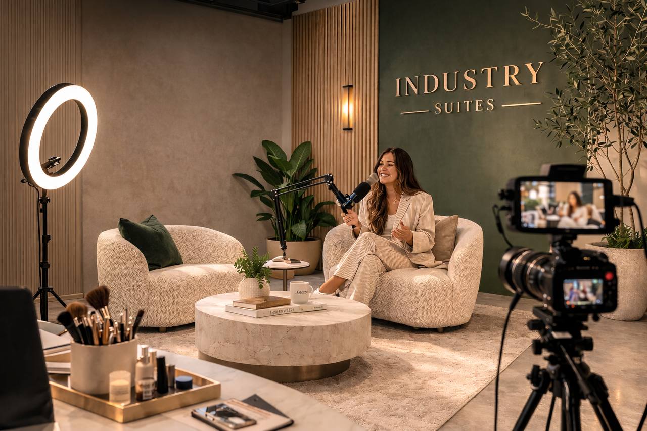 The Industry Suites podcast and content set with ring light, professional camera, and INDUSTRY SUITES wordmark backdrop