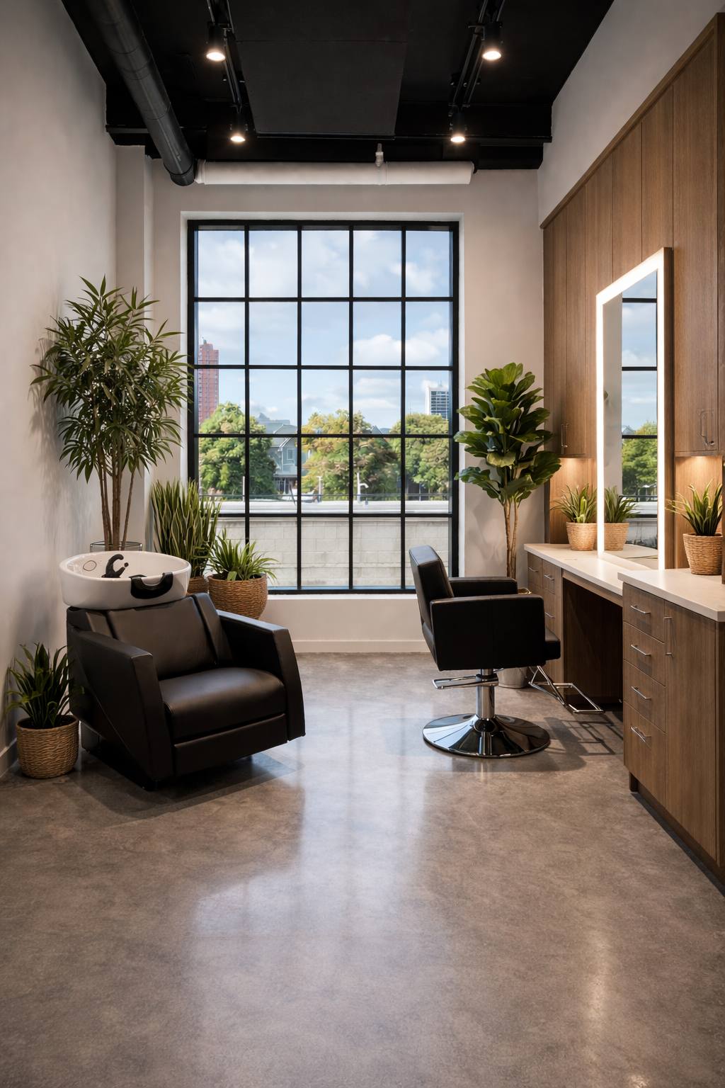 Executive signature suite with picture window, lit mirror, and styling station