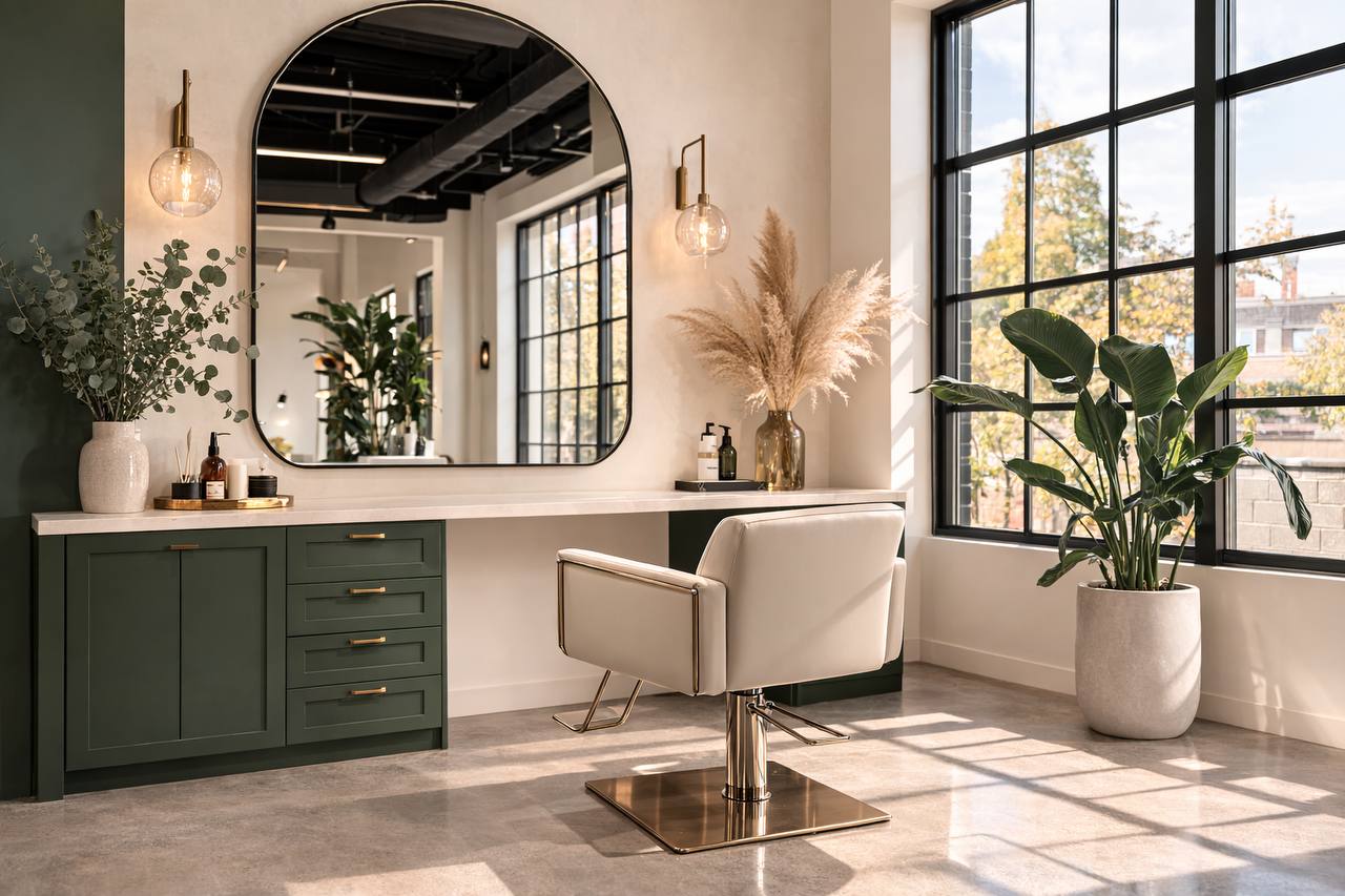 Signature Industry Suite with custom mirror, pendant lights, and designer chair