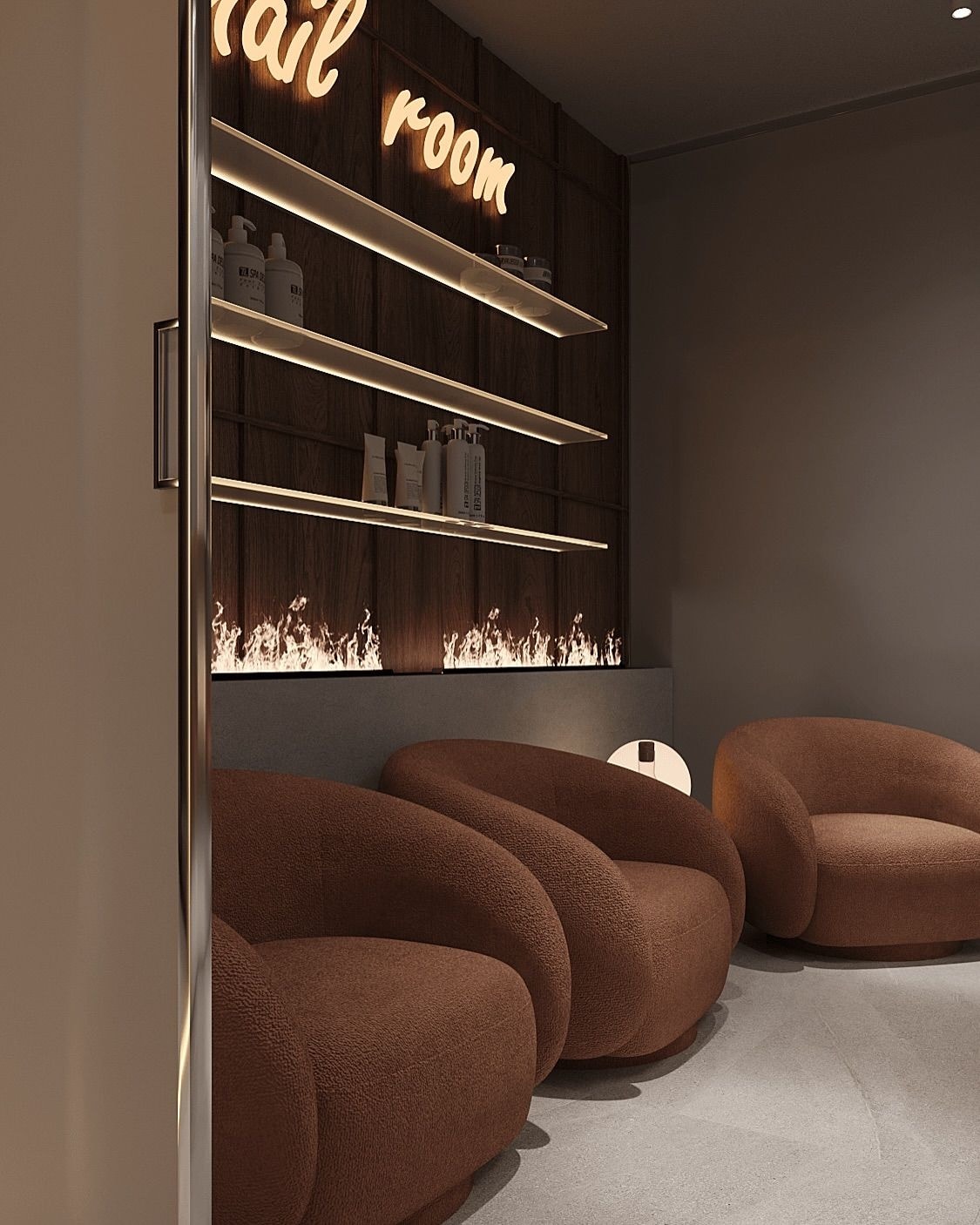 Rendering of a nail room amenity space with brown lounge chairs