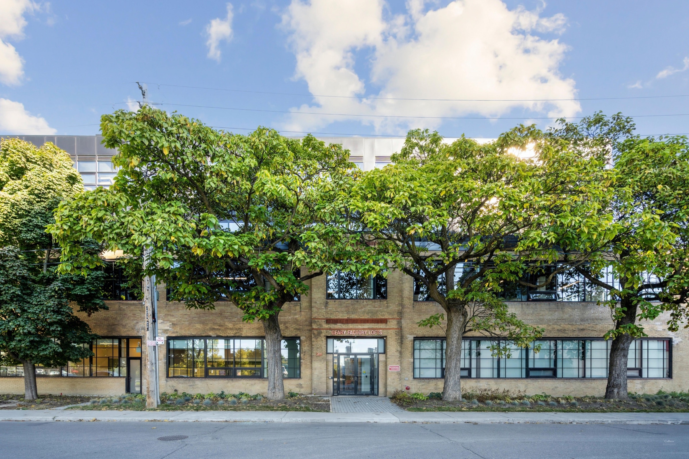 Street-level facade of 300 Geary with tree-lined entrance
