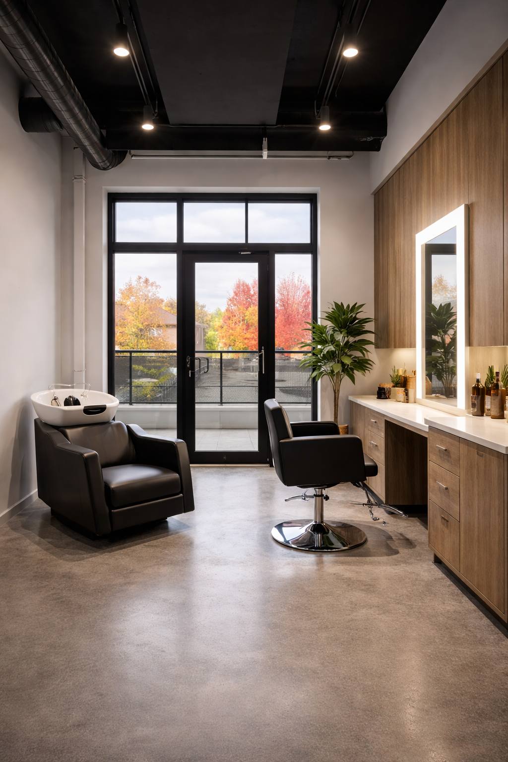 Grand suite with full-height balcony doors, styling chair, and wash basin