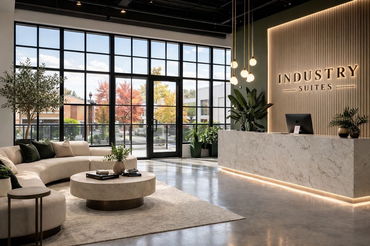 The Industry Suites interior — a sun-lit, modern workspace with industrial details