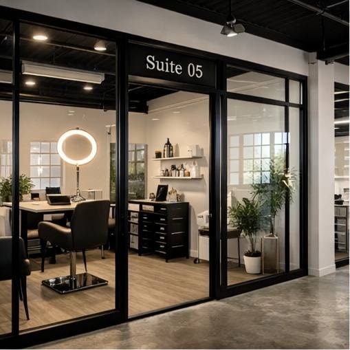 Rendering of Suite 05 — content-ready salon suite with ring light