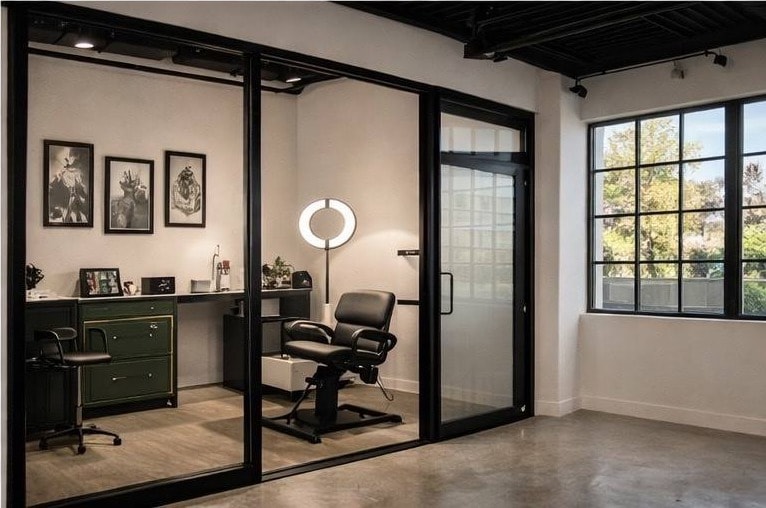 Rendering of a salon suite with ring light and green cabinetry