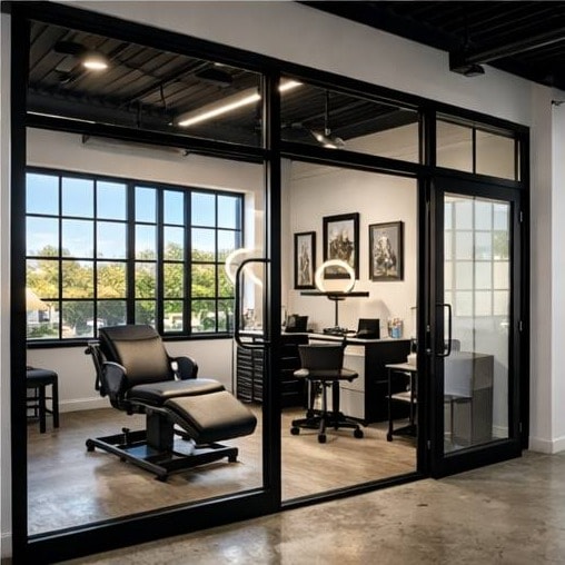 Rendering of a glass-walled salon suite with green cabinetry and styling chair