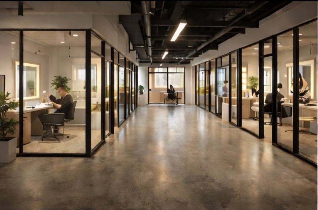 Rendering of the glass-walled suite hallway with members at work