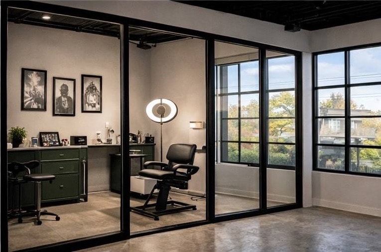 Rendering of a private styling suite with green cabinetry and ring light