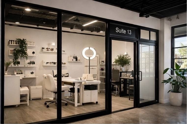 Rendering of Suite 13 — glass-walled salon suite with shelving and ring light