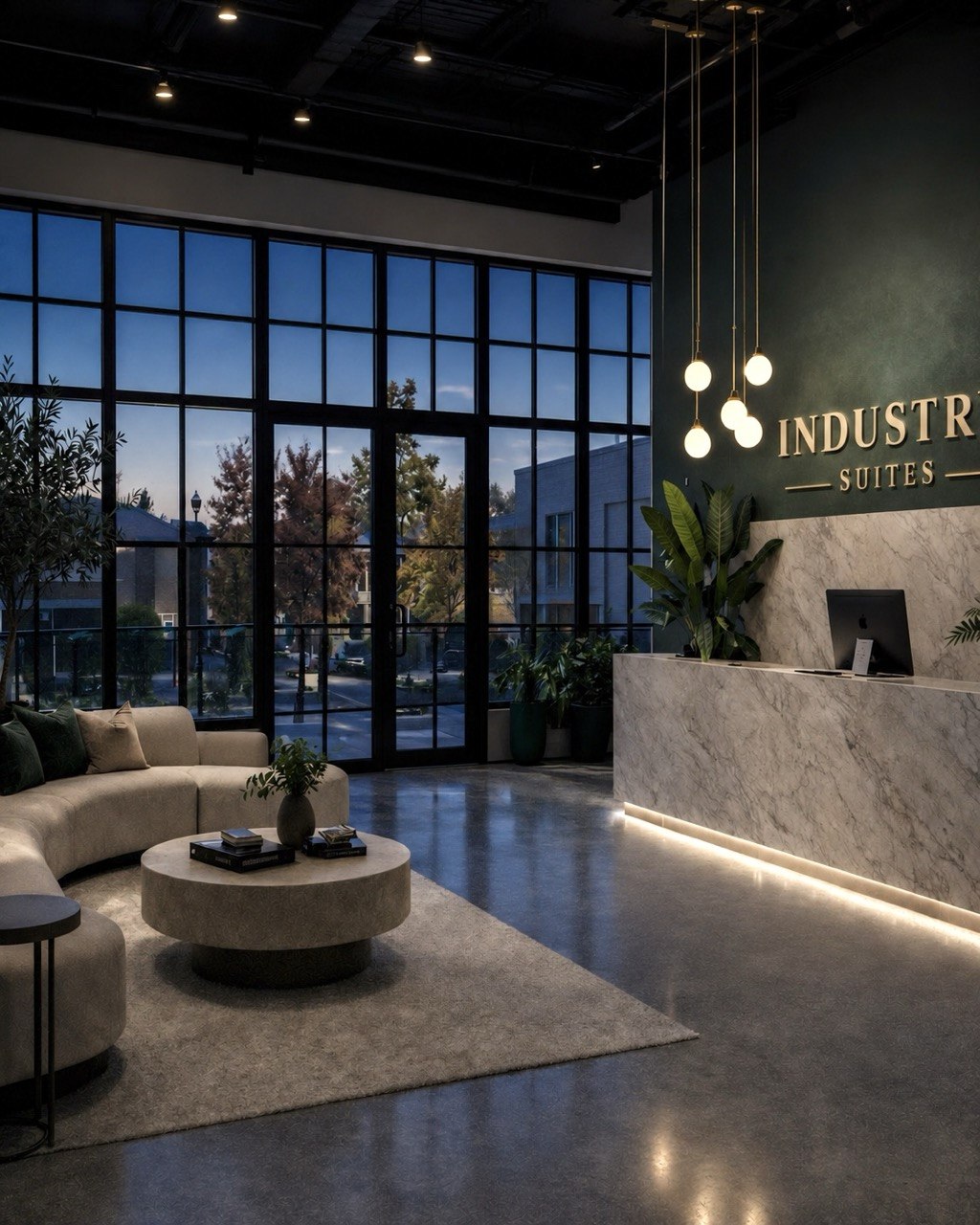 The Industry Suites lobby at dusk — marble reception desk, illuminated INDUSTRY SUITES wordmark on a deep green wall, and floor-to-ceiling windows overlooking the street