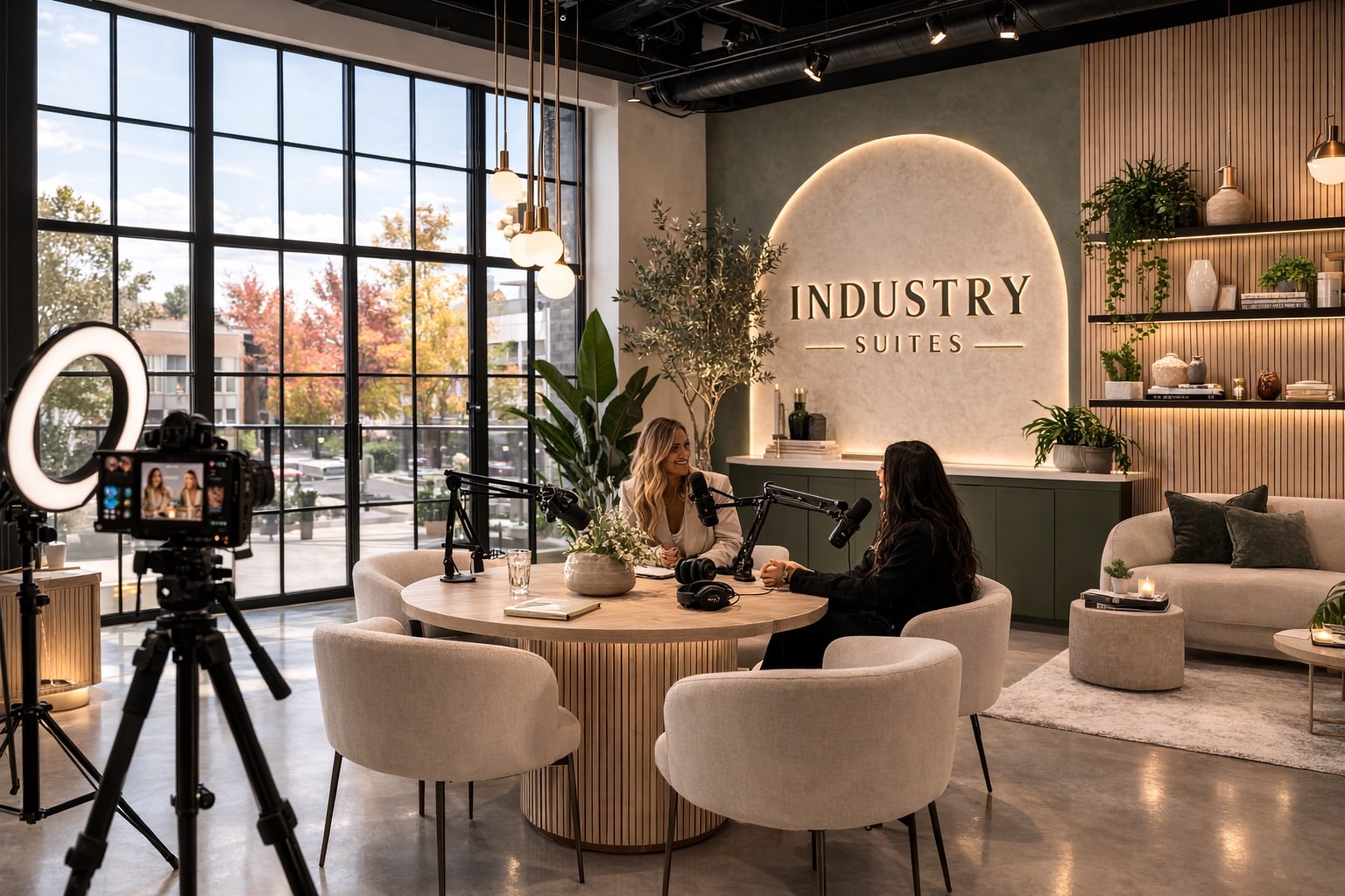 Members recording a podcast in the Industry Suites media studio with ring light camera and INDUSTRY SUITES wordmark
