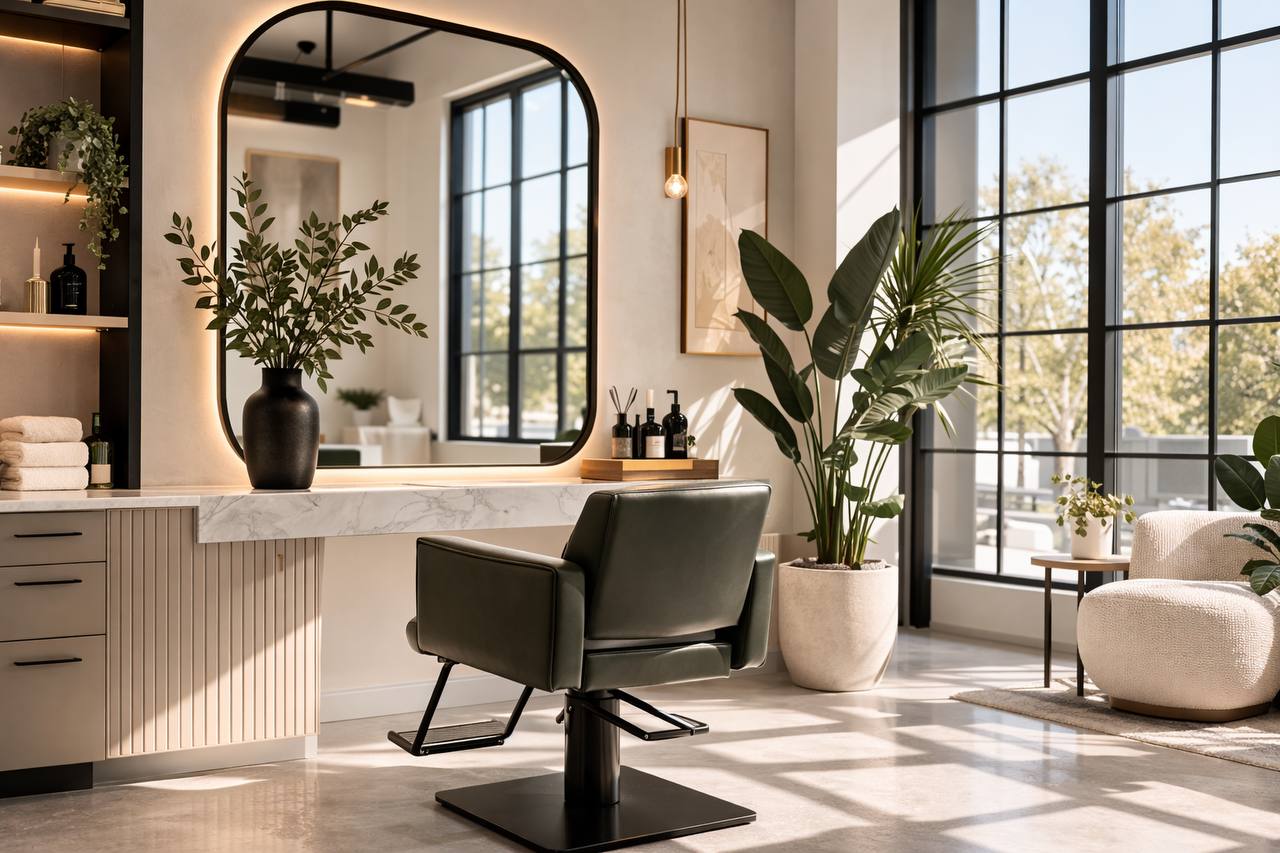 Styling station with backlit arched mirror, marble vanity, and natural light